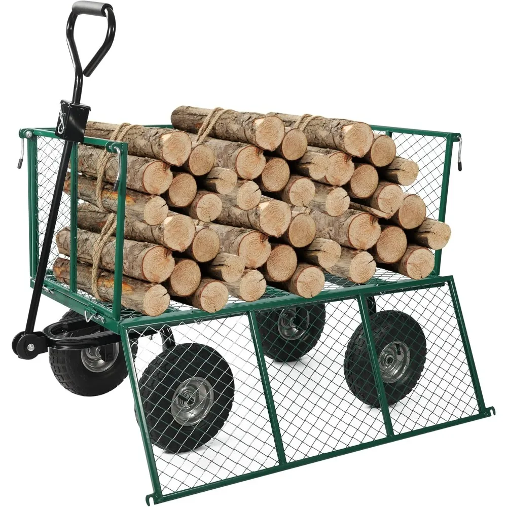 

Garden Wagons Carts Heavy Duty Pullable, 650 Lbs Capacity Mesh Steel Yard Wagon With Removable Sides, Green