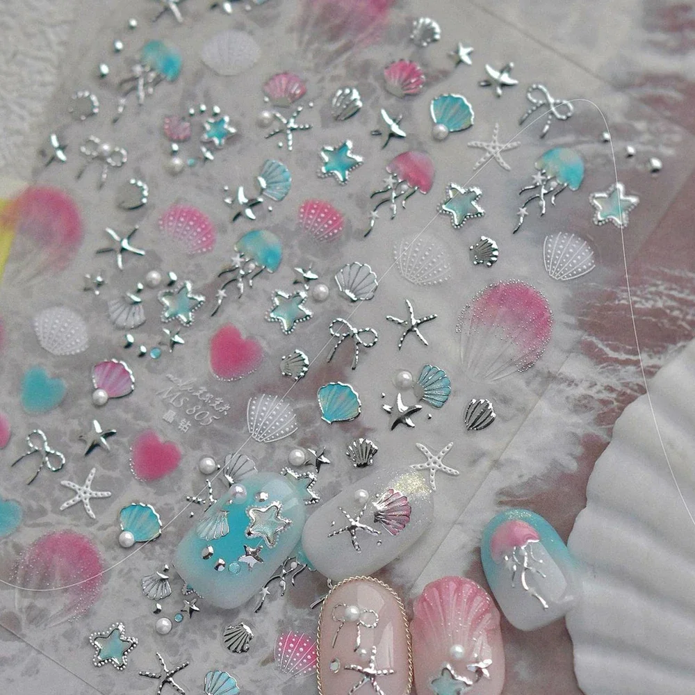 Sonho concha vieira estrela do mar concha coral água-viva cavalo marinho rosa vermelho bowknots 5d etiqueta da arte do prego auto adesivo manicure decalque