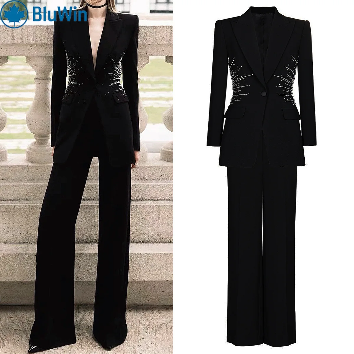 طقم بليزر وبنطلون أسود من URBANCHIC - تفصيل نجمي كريستالي لمظهر جريء وحديث #2