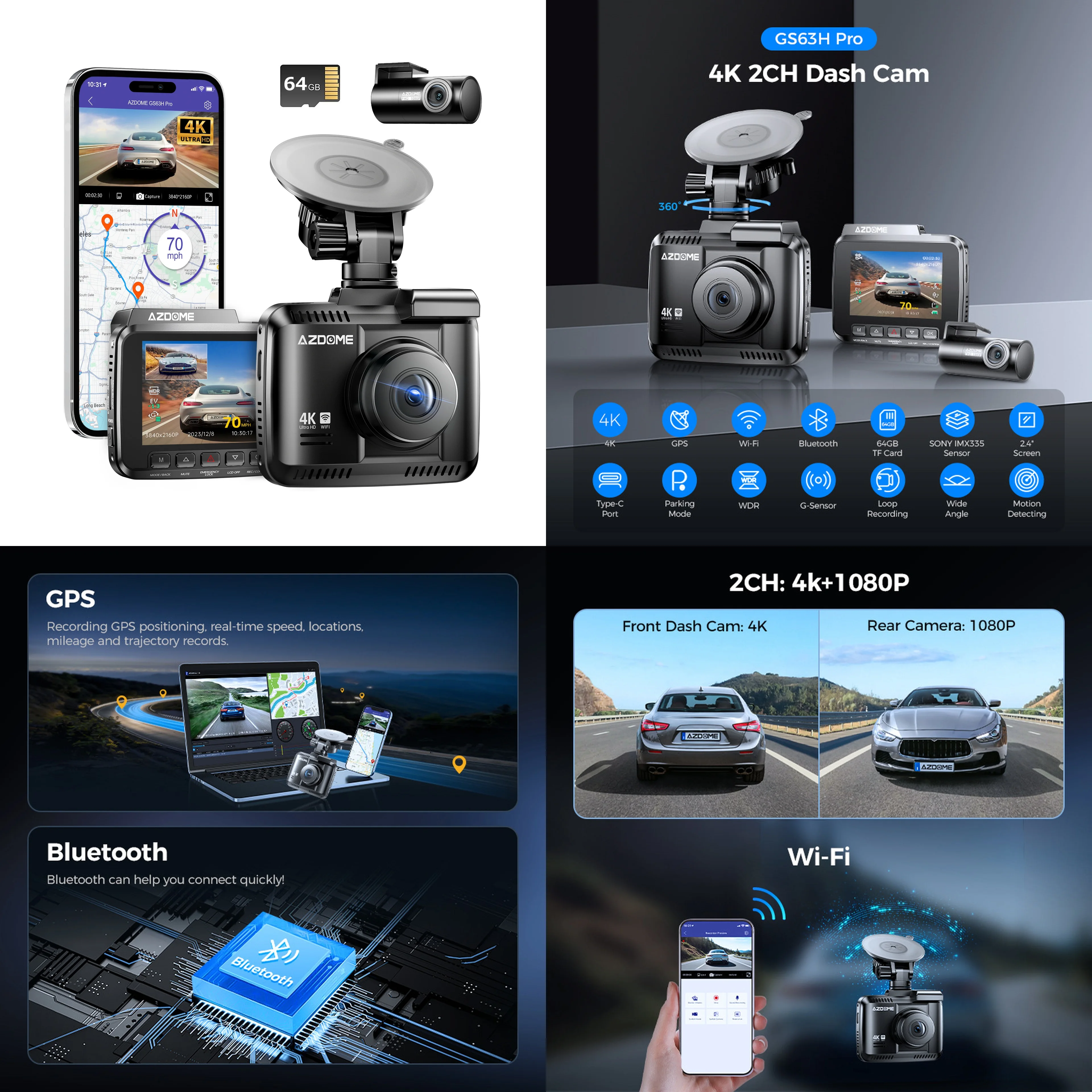 Dash Cam 4K Dual Lens Front and Rear WiFi GPS Bluetooth 170° Wide Angle Night Vision Parking Mode Car DVR
