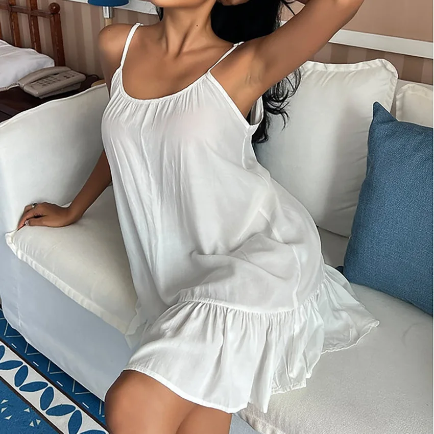 

Dress for Women 2024 New White Sexy Suspender Nightgown Sleepwear for Sleeping Comfortable and Soft Ruffled Women's Loungewear