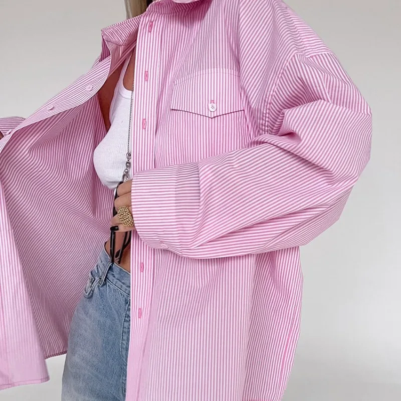 

Fashion Versatile Striped Pink Casual Shirt 2026 Spring and Summer New Loose Niche Top Jacket Women
