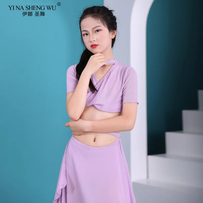 زي الرقص الشرقي، قميص الرقص للفتيات، تنورة طويلة من الشاش المائي، ملابس الممارسة، ملابس الأداء الاحترافي #4