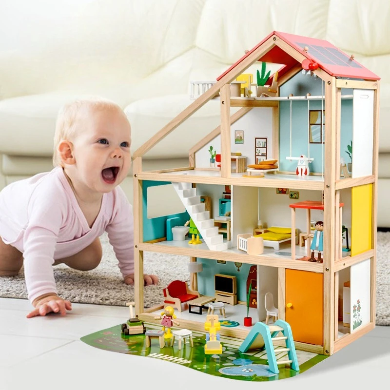 Crianças brinquedo castelo de madeira diy grande casa de boneca em miniatura móveis casa de bonecas acessórios montessori meninas brinquedos jogos de tabuleiro