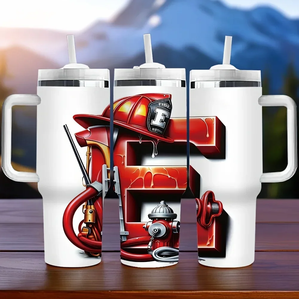 40oz Insulated Tumbler with Handle, Long Lasting Insulation, Firefighter Themed Letter Print, Perfect Gift for Firefighter Lovers for Daily Use And Holiday Birthday.