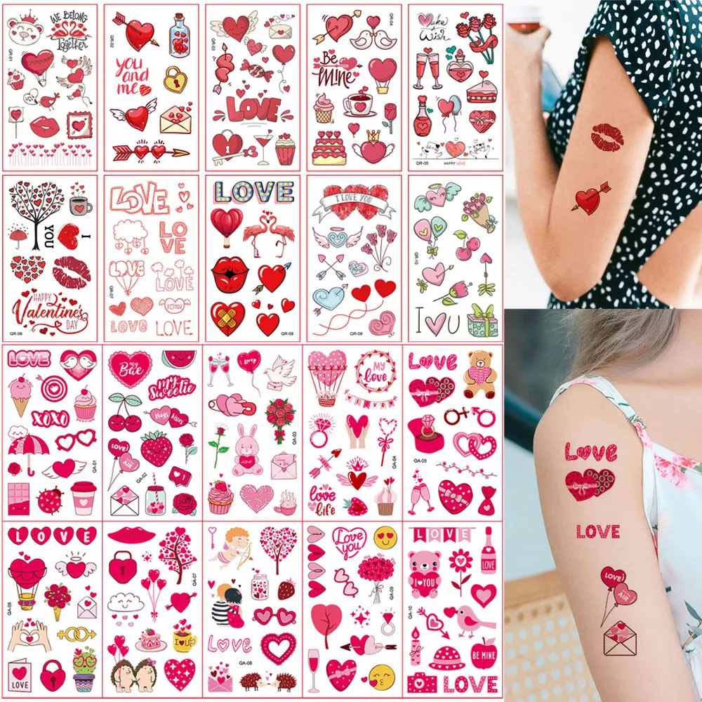 10 أوراق وشم مؤقت مقاوم للماء لعيد الحب ديكور الجسم على شكل قلب الحب قبلة وشم مزيف للنساء ملصقات الزفاف