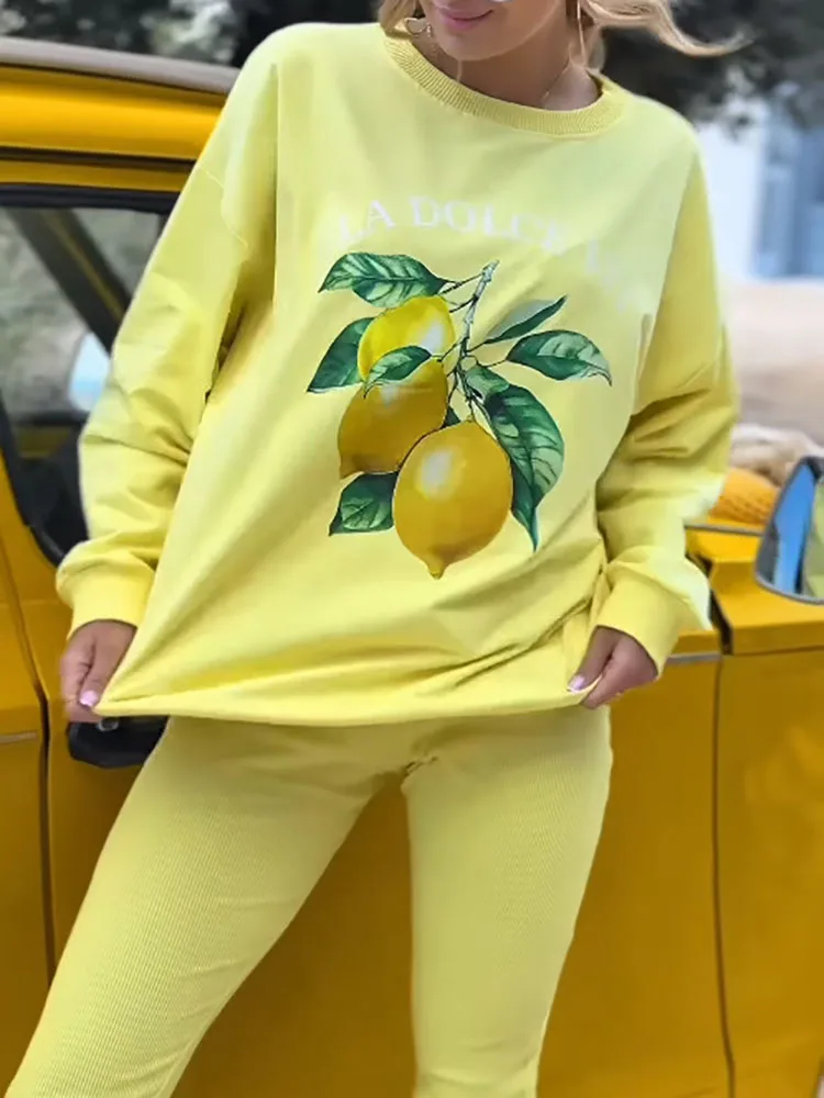 New Fashion Plants Print Sportswear Suit 2025 Spring Autumn Casual Tracksuit Women O Neck Sweatshirt Pullovers & Skinny Pant Set