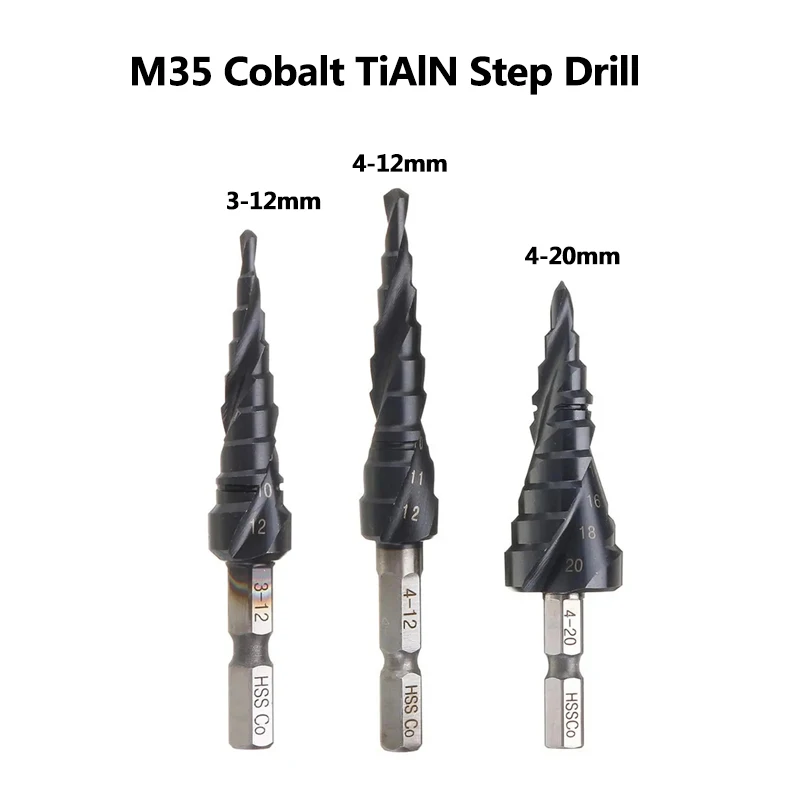 M35 Cobalt TiAIN HRC89 Industrial Grade Drill Bit 3-12/4-12/4-20mm High Speed Steel Step Drill For Stainless Steel Metalworking
