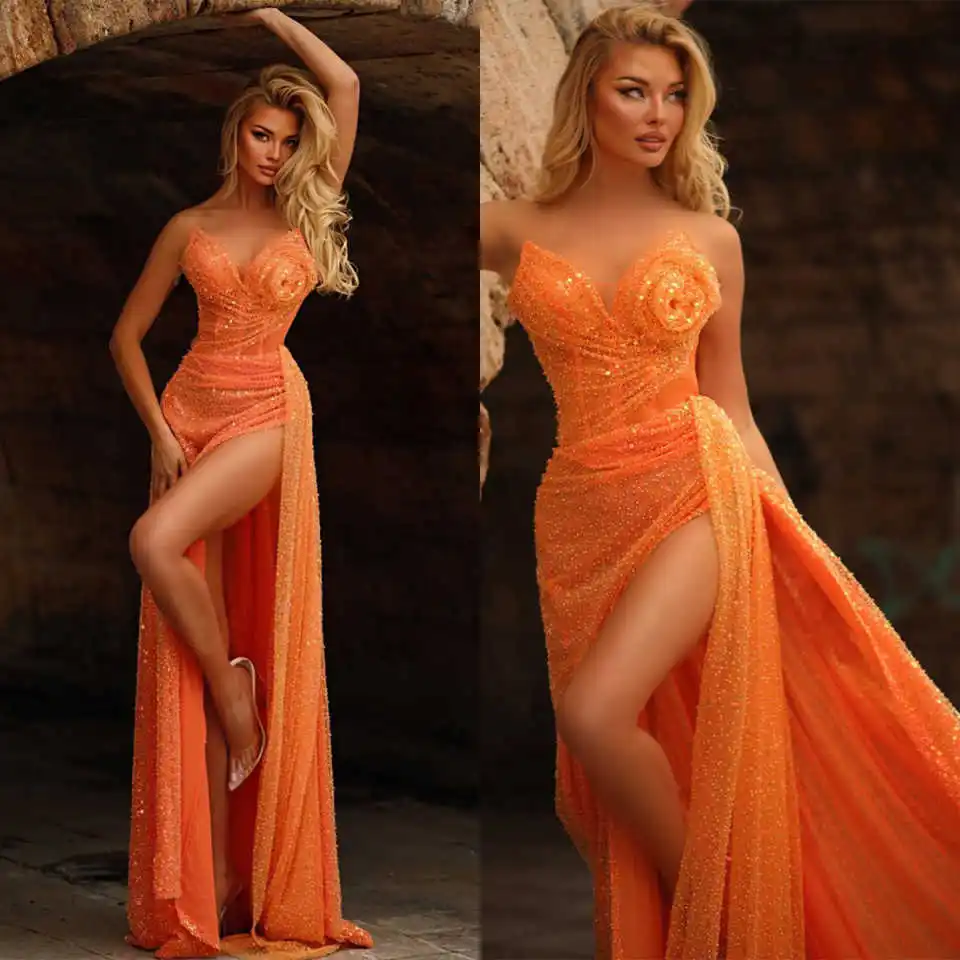 

Elegant Orange Evening Cocktail Dresses Strapless Sleeveless High fork Appliques Formal Dress Customized Vestido De Novia