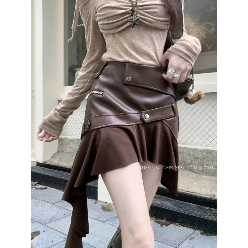 

Women's Skirts 2026 Spring Autumn Retro Brown PU Leather Skirt Irregular Ruffle High Waist Slim Fit A Line Bodycon Mini Skirt