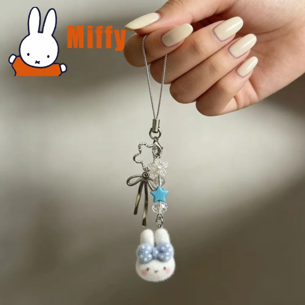 Kawaii Miffy Keychain Cute Felt Plush Charm Star Bow Flower Bead Silver Chain Phone Bag Accessory Decorative Hanging Gift Girl