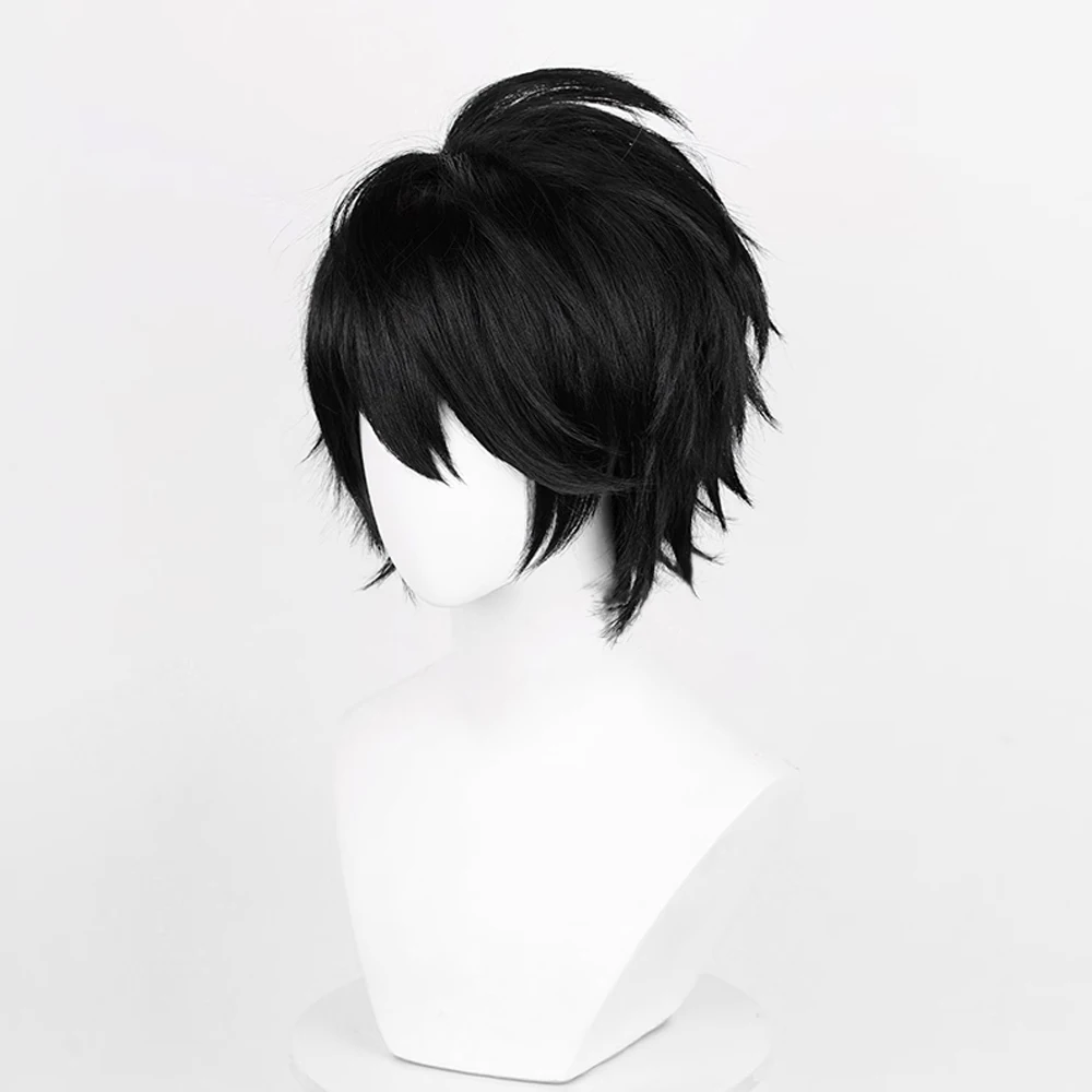 RANYU Black Synthetic Short Straight Wig Men and Women Anime Cosplay Hair Heat Resistant Wig for Party