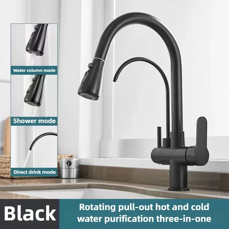 Keran Dapur Komersial dengan Fungsi Ganda Penyemprot Pull Down, Keran Pemurni Filter Air 3 in 1, Keran Pencampur dengan Selang