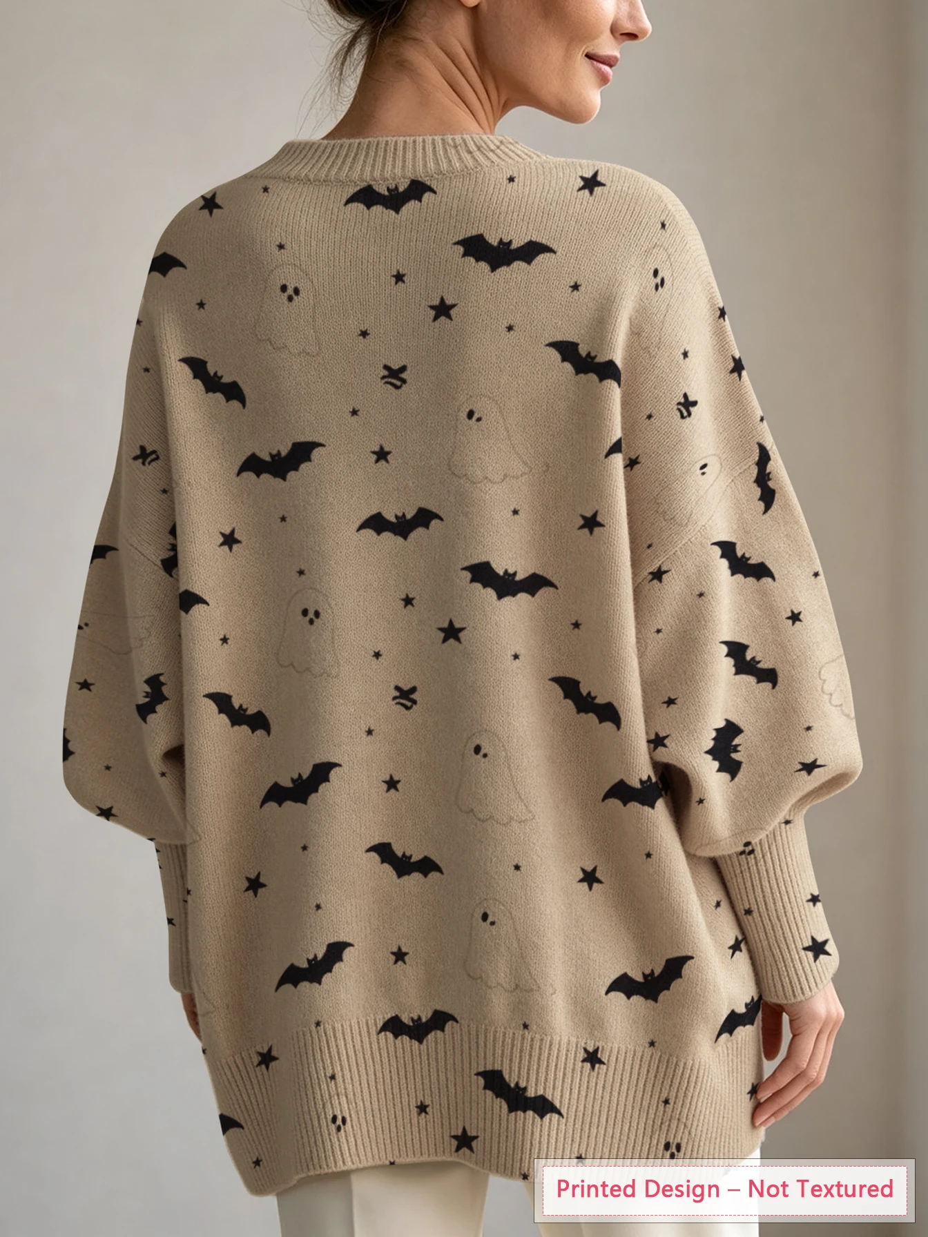 Halloween Pattern Print Women's Knit Top with Irregular Hem and Lantern Sleeves, Thin Pullover for Autumn and Winter