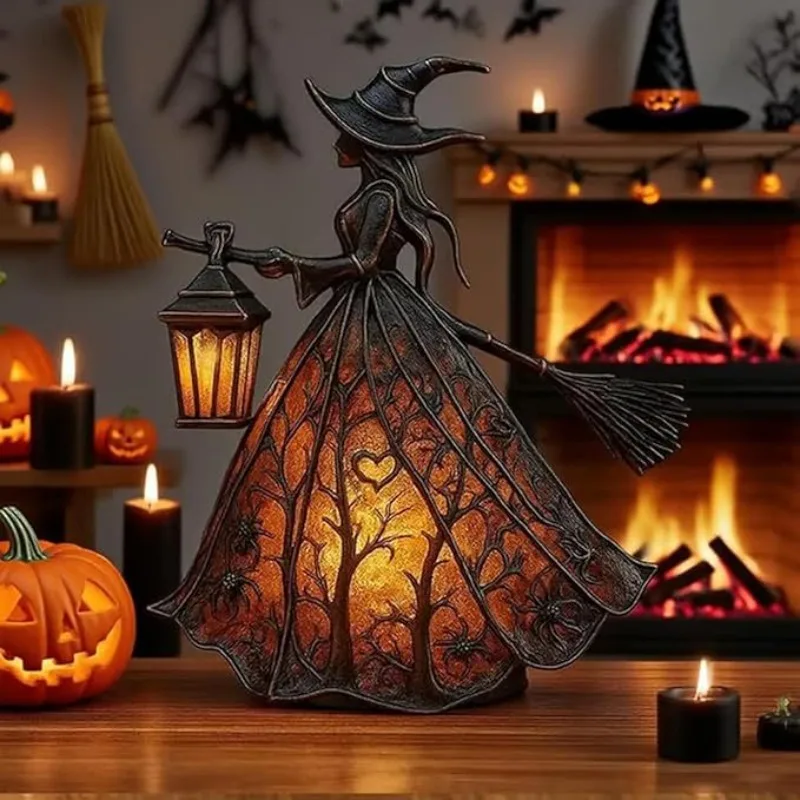 Halloween Resin Witch Floor Lamp Desktop Toy Home Art Decoration Statue Ornament Night Light Bedsides Portable Desk Lamp Bedroom