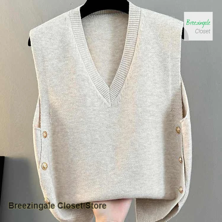 سترة كورية محبوكة بلون سادة ورقبة على شكل حرف V سترة نسائية للربيع والخريف سترة جوكر غير رسمية فضفاضة جديدة على الموضة.