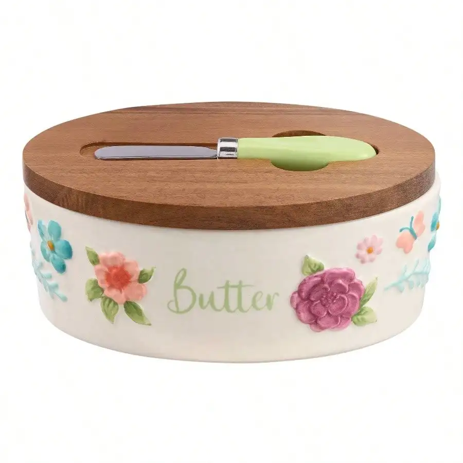 

Painted Meadow Butter Dish with Acacia Wood Lid and Serving Knife for Kitchen Use Natural Color Elegant Design Rustic Style