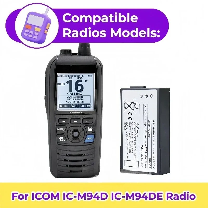 New BP‑306 Li-ion Replacement Battery Pack 7.2V 2400mAh for Icom IC‑M94DE IC‑M94D Handheld VHF Marine Radio