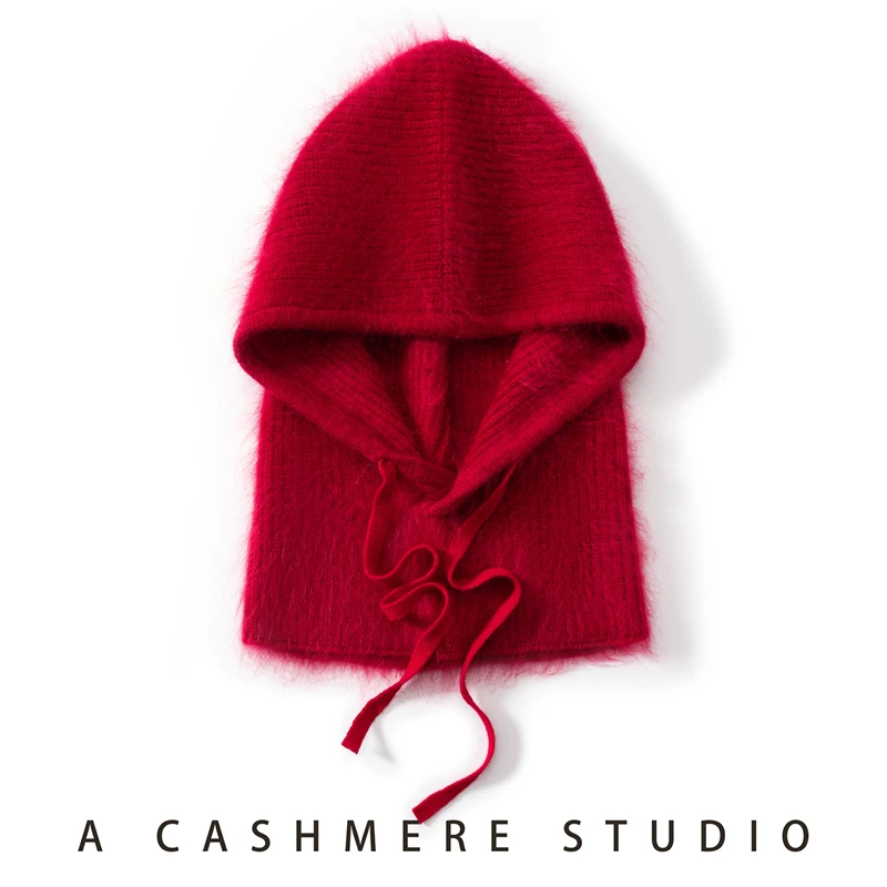 100% Cashmere Knitted Hooded Caps Winter Balaclava Hats Women Outdoor Warmer Drawstring Hats One-piece Neck Collar Beanies Cap