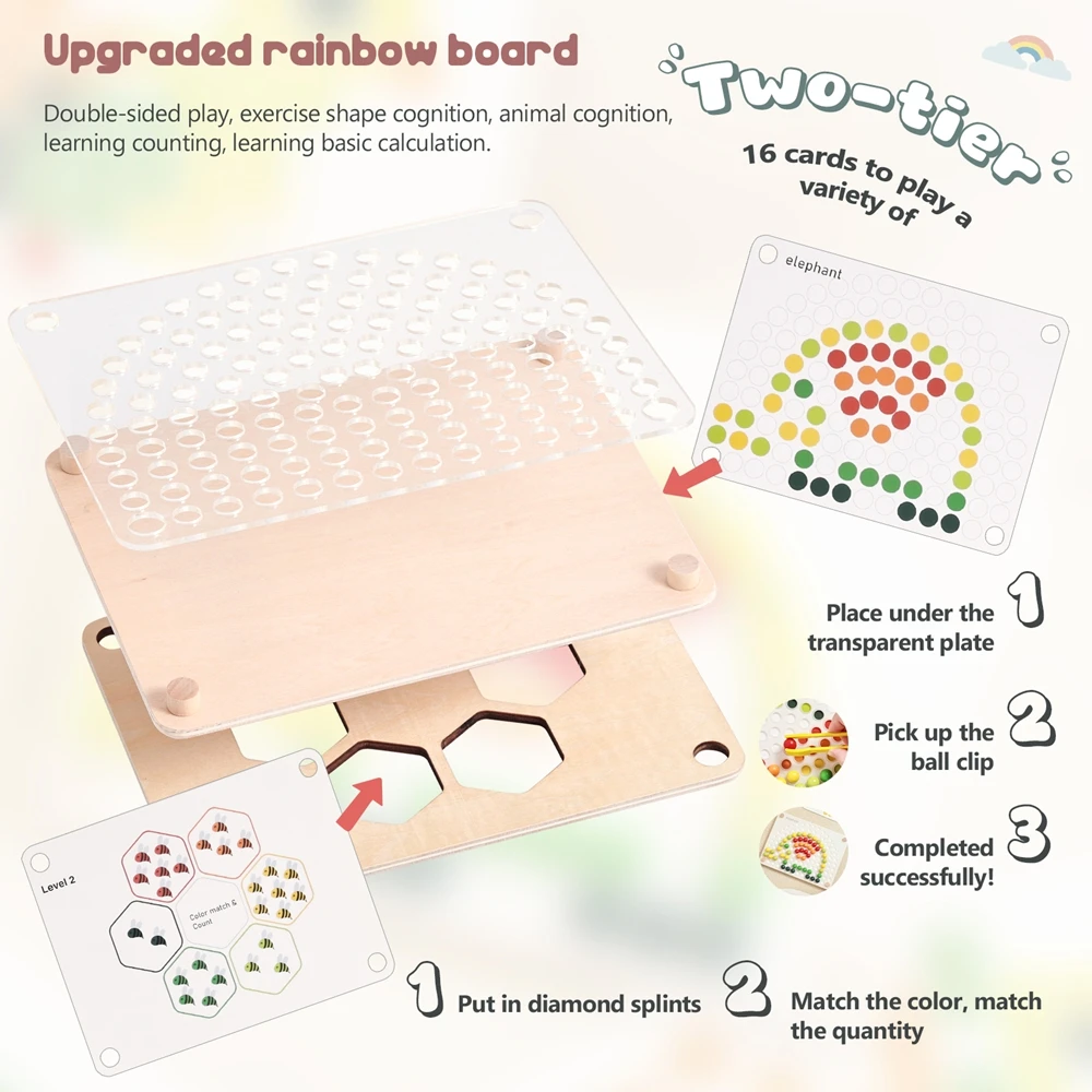 Montessori Rainbow Bead Tekentafel Kleur Sorteren Educatief Speelgoed 1-3 Jaar Speelgoed voor Kinderen Houten Bordspellen Basisspeelgoed