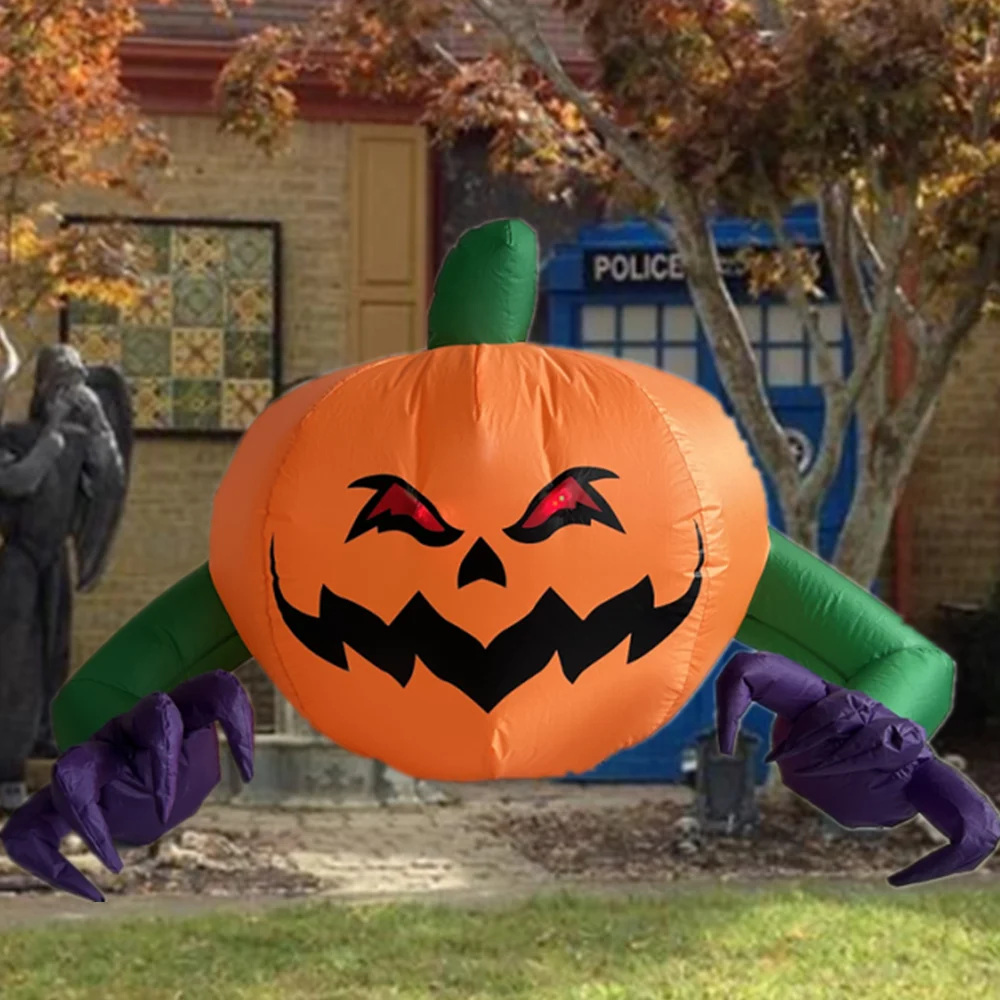 Citrouille Gonflable aux Yeux Rouges pour Halloween, Modèle Fantôme à Bras Long, Lumière LED spatirée, Accessoire de Décoration pour Cour Extérieure, 1.2m/4 Pieds de Large