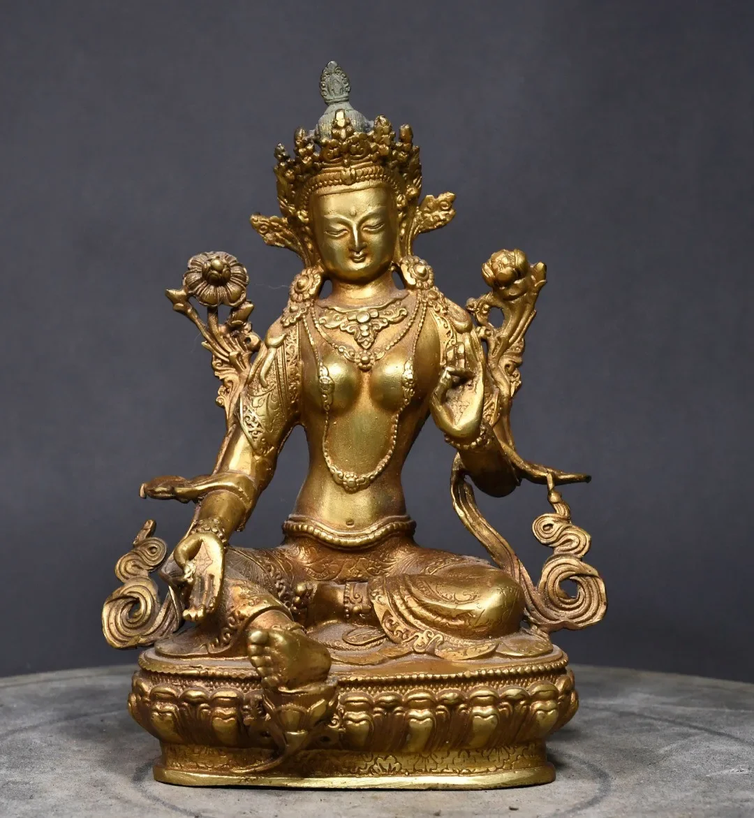 

Tibetan Brass Gilt Guanyin Bodhisattva Green Tara Buddha Statue Ornament Home Buddhist Hall Small Size Chinese Supplies 20cm