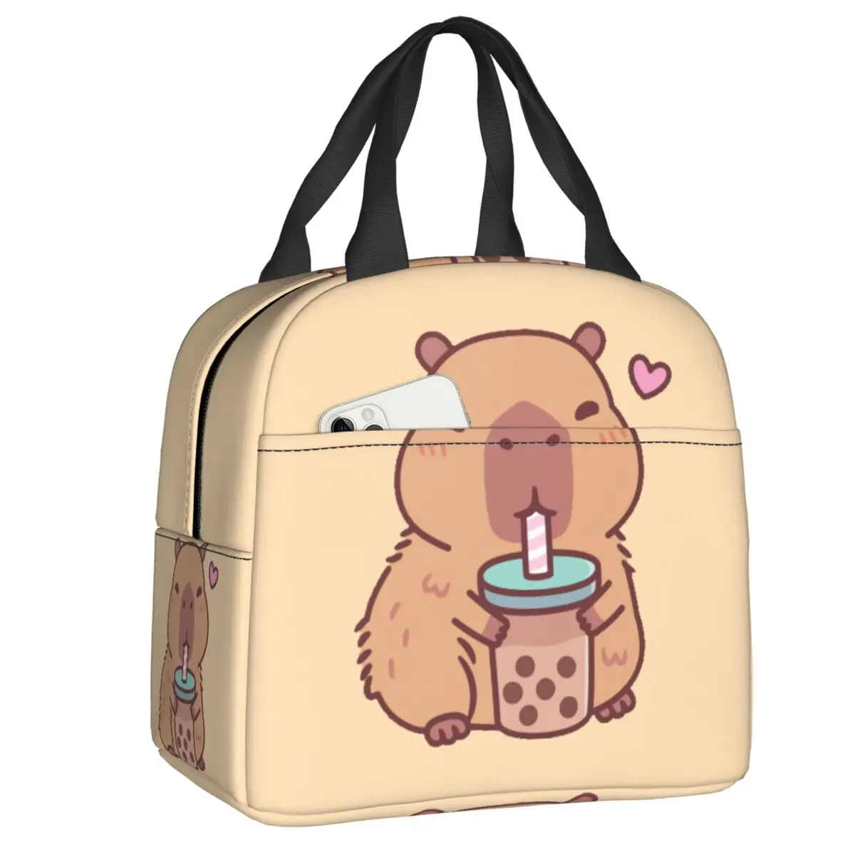 

Custom Capybara Loves Drinking Bubble Tea Insulated Lunch Bag for Work School Leakproof Thermal Cooler Bento Box Women Kids