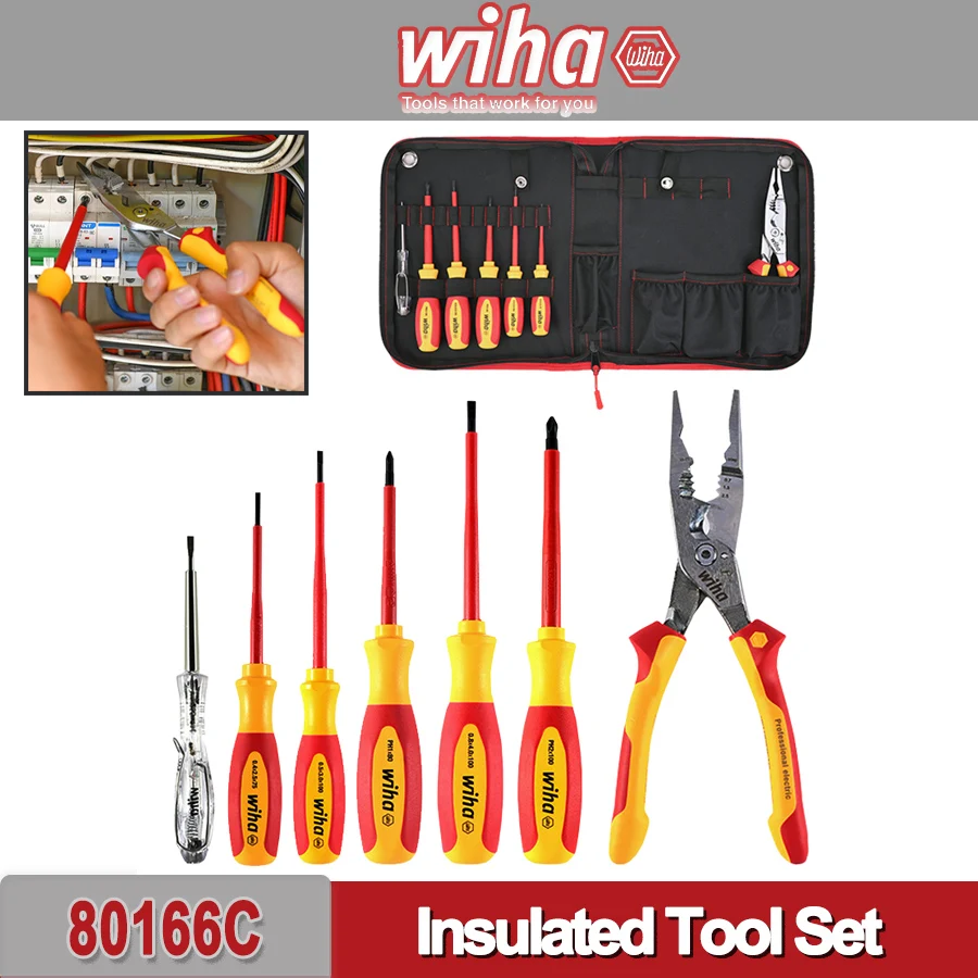 

WIHA 7 in 1 Insulated Tool Set Screwdrivers with Voltage Test Pen and Plier 1000V VDE 80166C