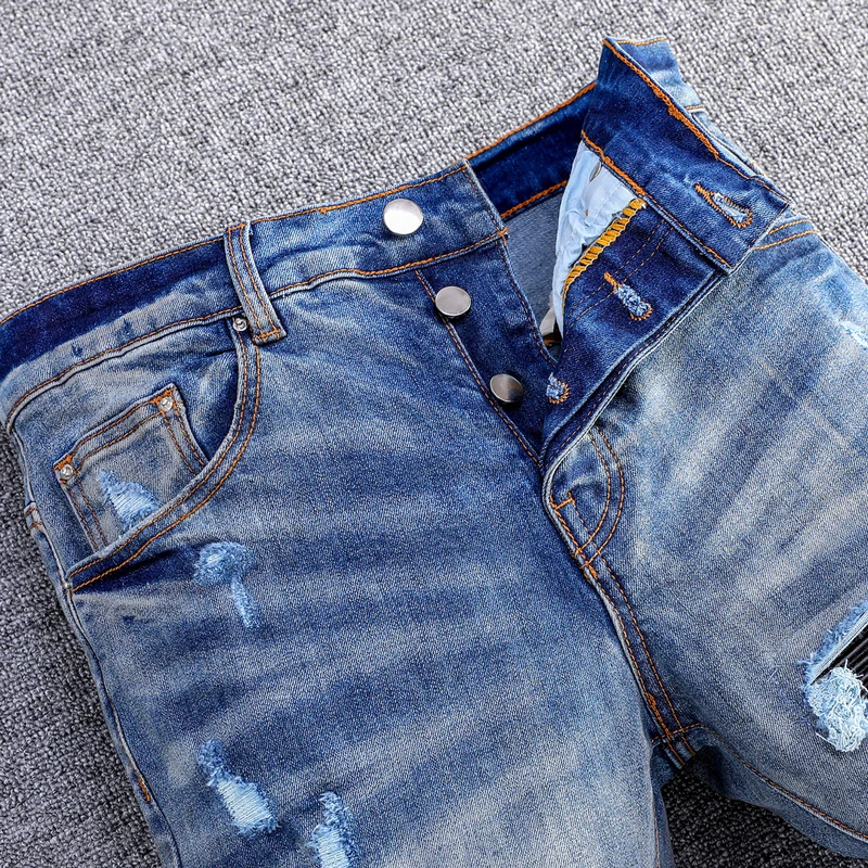 High Street Fashion Men Jeans Retro Blue Stretch Skinny Fit Ripped Jeans Men Black Leather Patched Designer Hip Hop Brand Pant