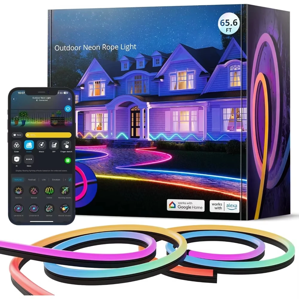 

Outdoor Neon Rope Lights, 65.6ft RGBIC IP67 Waterproof with 64 Scene Modes, Music Sync, APP Control, Halloween Christmas Lights