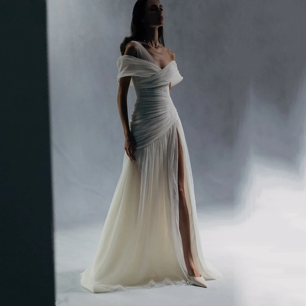 

Customized Elegant Tulle Wedding Dresses A-Line Off Shoulder Pleated Side Slit Draped Bride Prom Dress Illusion Bridal Gowns