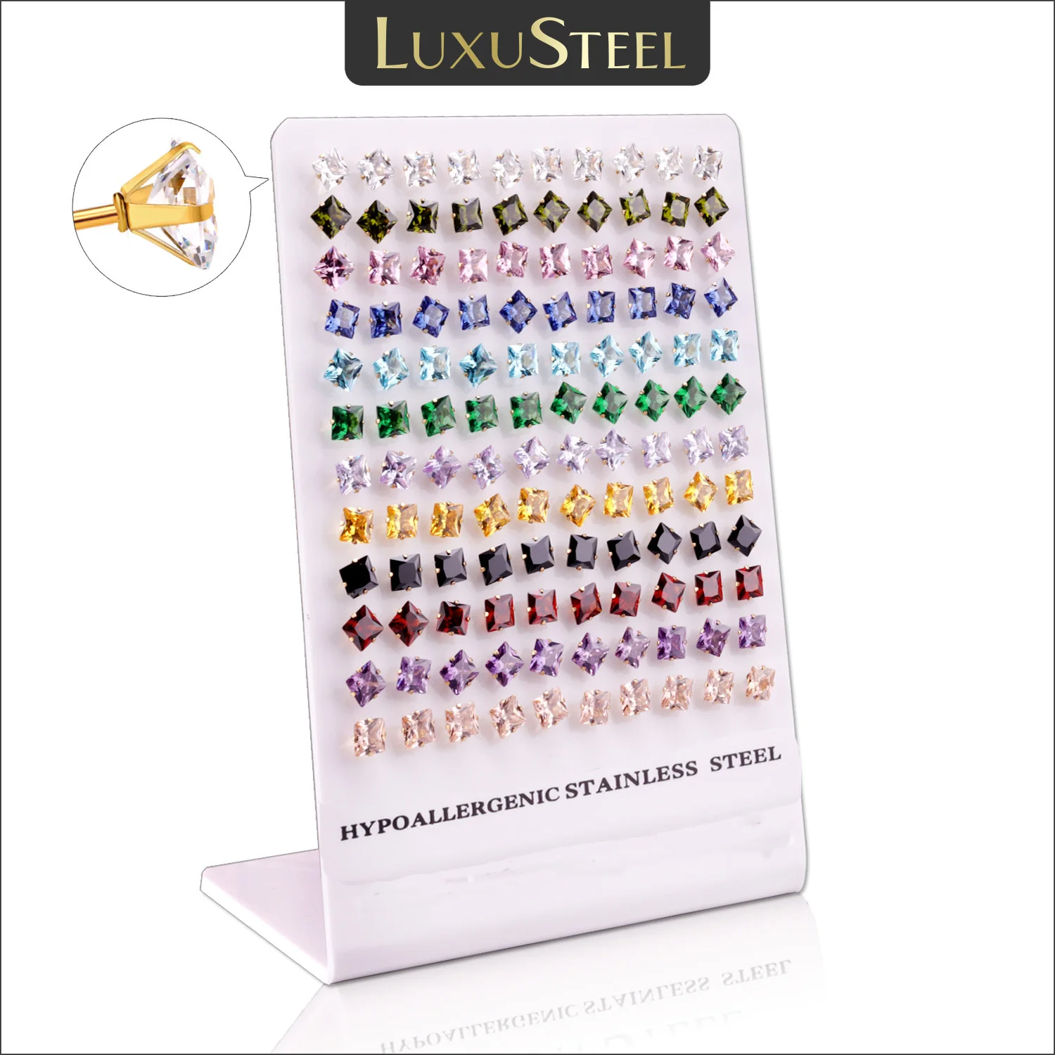 Wholesale Earrings 60Pairs 6MM Colorful Square Round Water Drop Cubic Zirconia Stainless Steel Hypoallergenic Stud Earrings