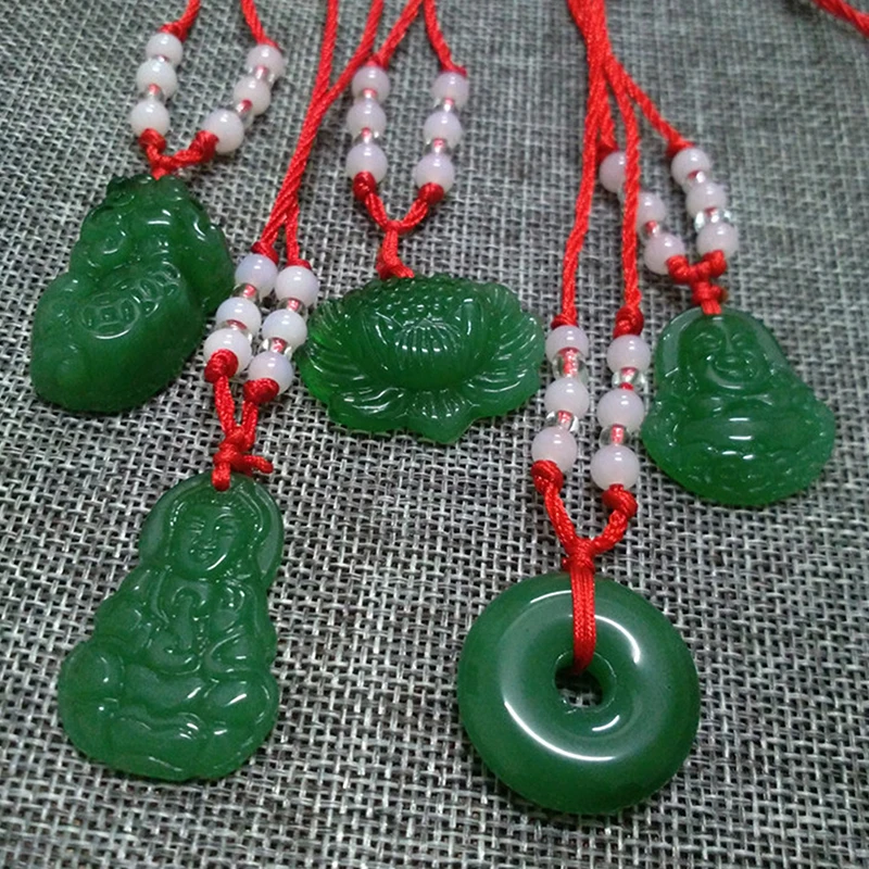 Buddhist White Jade Hand Woven Pendant Necklace Lotus Guanyin Buddha Long Life Lock Pendant Lucky Necklace