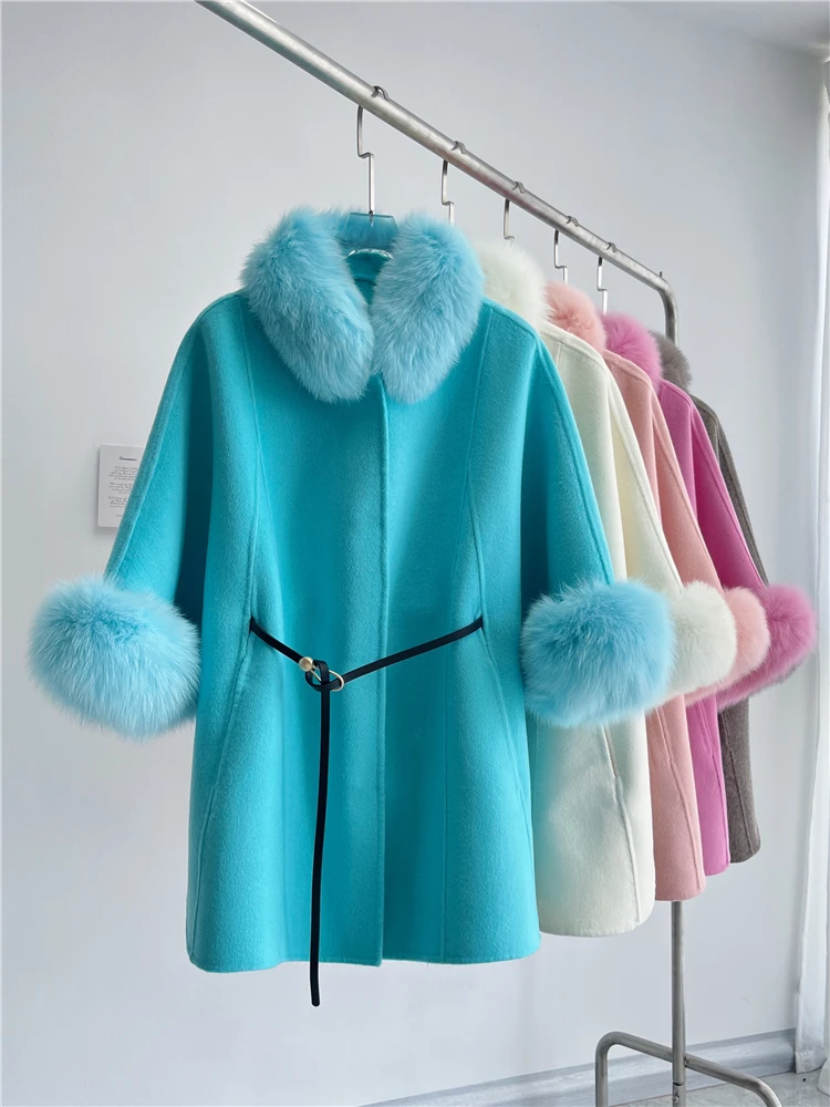 ZDFURS * cappotto di lana Cashmere di lana Double-face di fascia alta polsino di media lunghezza cappotto di pelliccia di pelliccia di volpe nuovo stile coreano inverno