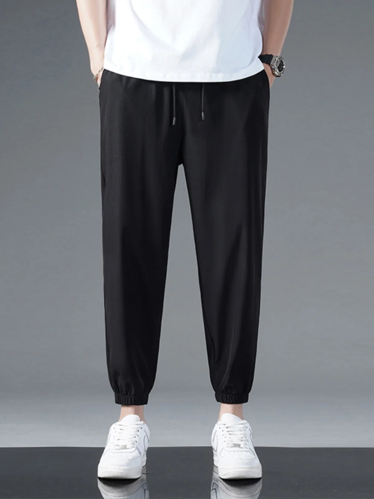 Ice Silk Men's Summer Thin Sport Pants Qui Dry Slim Fit Cuffed Casual Trousers High Elastici Faion Urban Sle Eighteen...