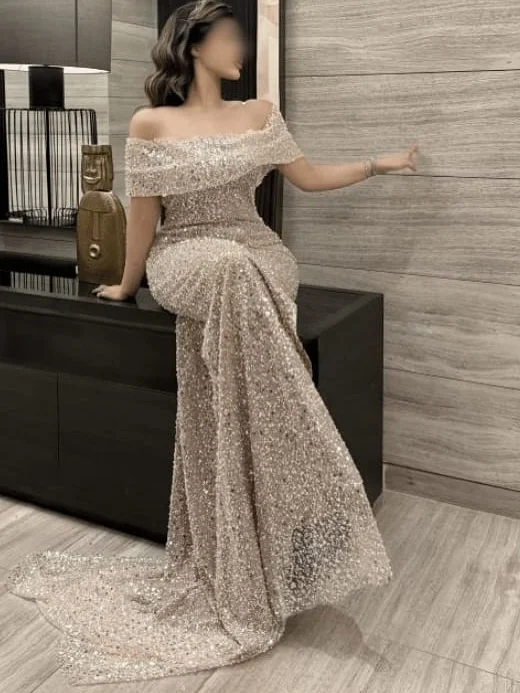 

Elegant Evening Dresses Floor-Length Simply Prom Gowns Shiny Sequins Formal Gowns Customized Luxurious فساتين سهرة