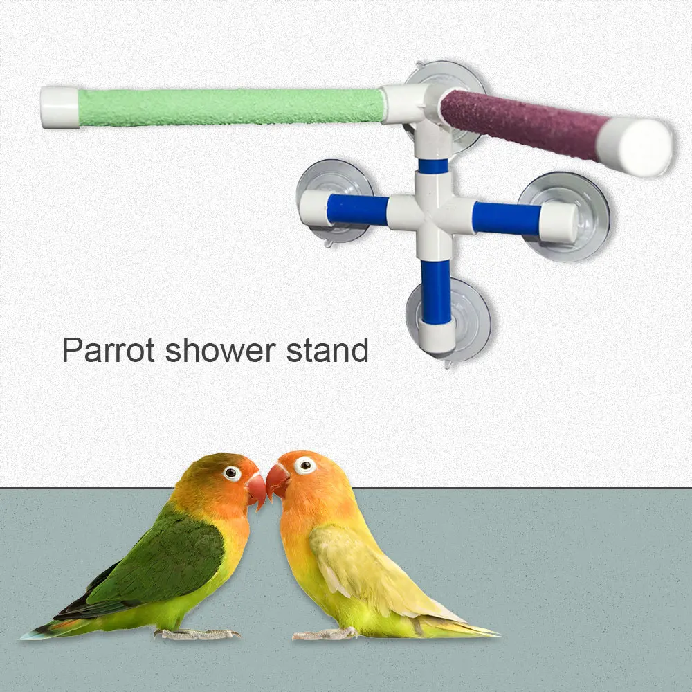 Ventosas con plataforma de pie para mascotas, Soporte de doble palo para rechinar patas, perchas interesantes para ducha de baño, pájaros y loros