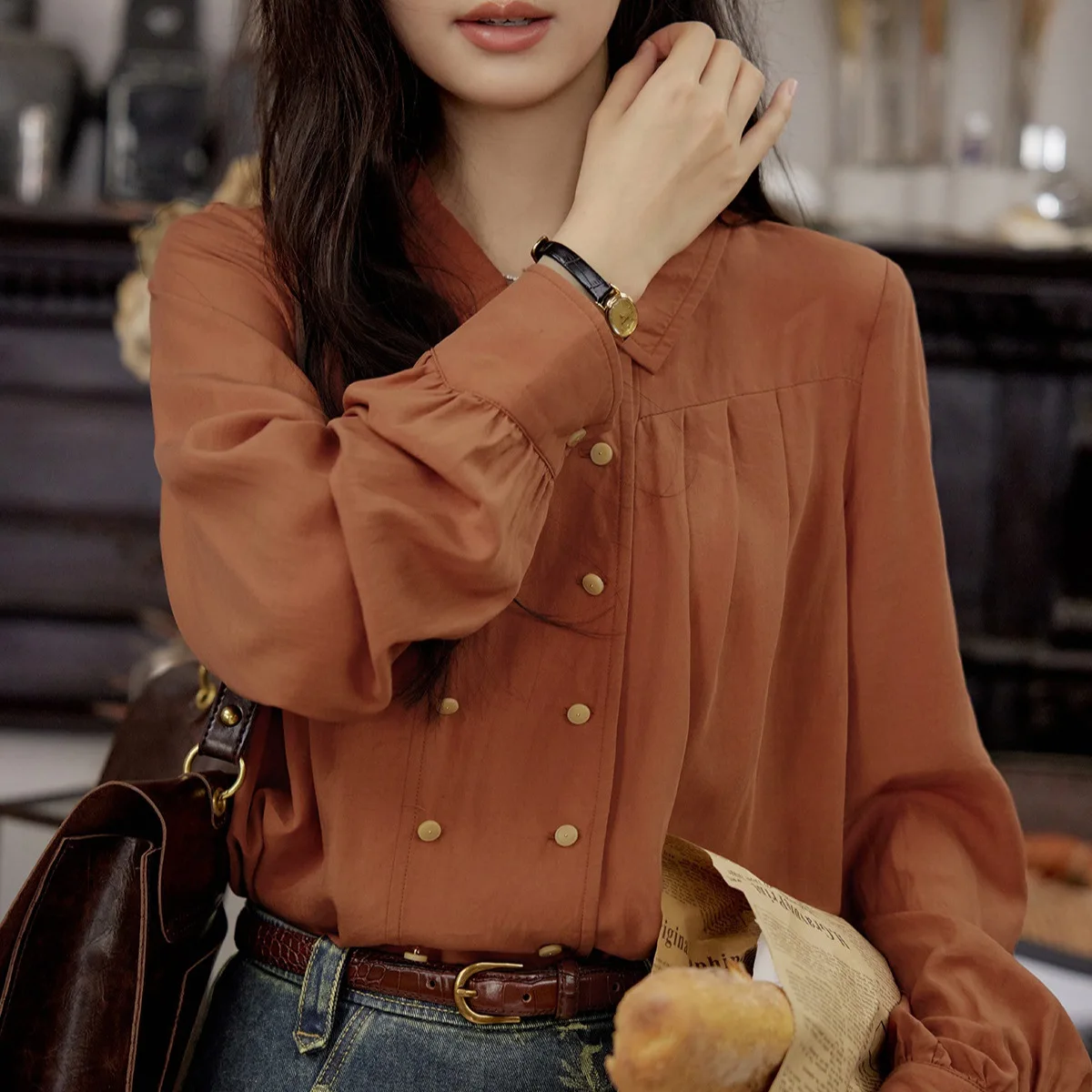 

Loose Lantern Sve Collar Long Sve Women's irt Double Button Commuter Sle Casual Loose Fit Chinese Production