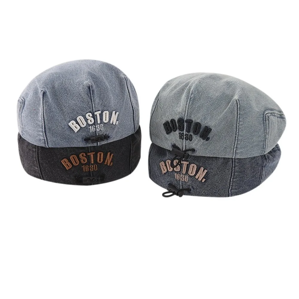 Fashion Solid Color Kids Denim Beret Embroidered All-match Drawstring Peaked Cap Harajuku Forward Hat Newsboy Cap Girl