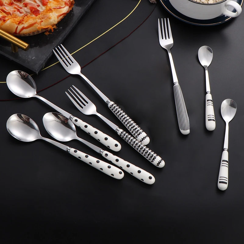 1Pc Stainless Steel Fork And Spoon Creative Hepburn Style Cutlery Ceramic Handle Dessert Spoon And Fork Western Food Accessories