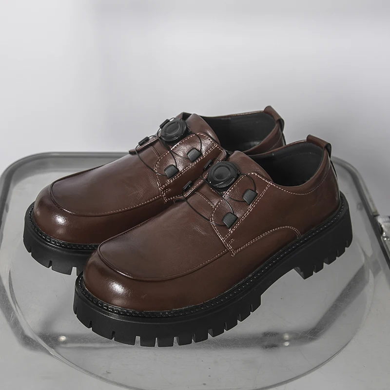 Retro Men Casual Leather Shoes Black-brown Color Rotating Buckle Casual Thick-soled Business Loafers Outdoor Workwear Shoes