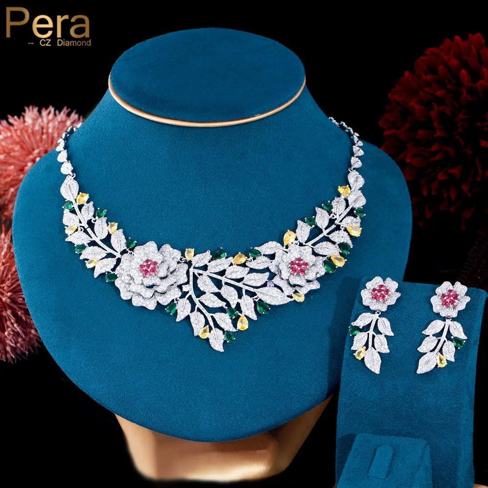 Pera Nigerian Wedding Party Large Wide Flower Leaf Earrings Necklaces Sets for Bridal Brand Costume Accessories Jewelry J306