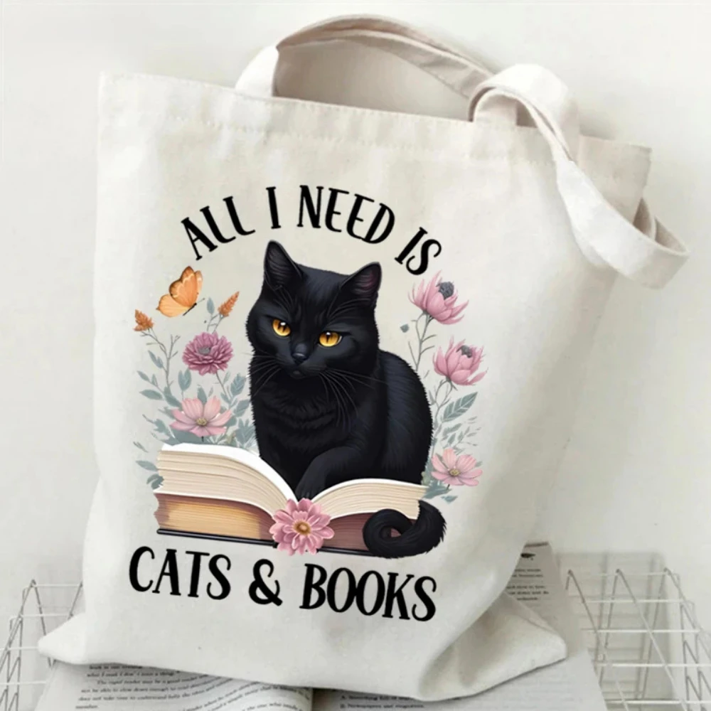 Curl Up With A Good Book Quote Canvas Tote,Black Cat & Books Print,Shoulder Bag, Ideal Gift for Everyday Carry, School & Library view 5