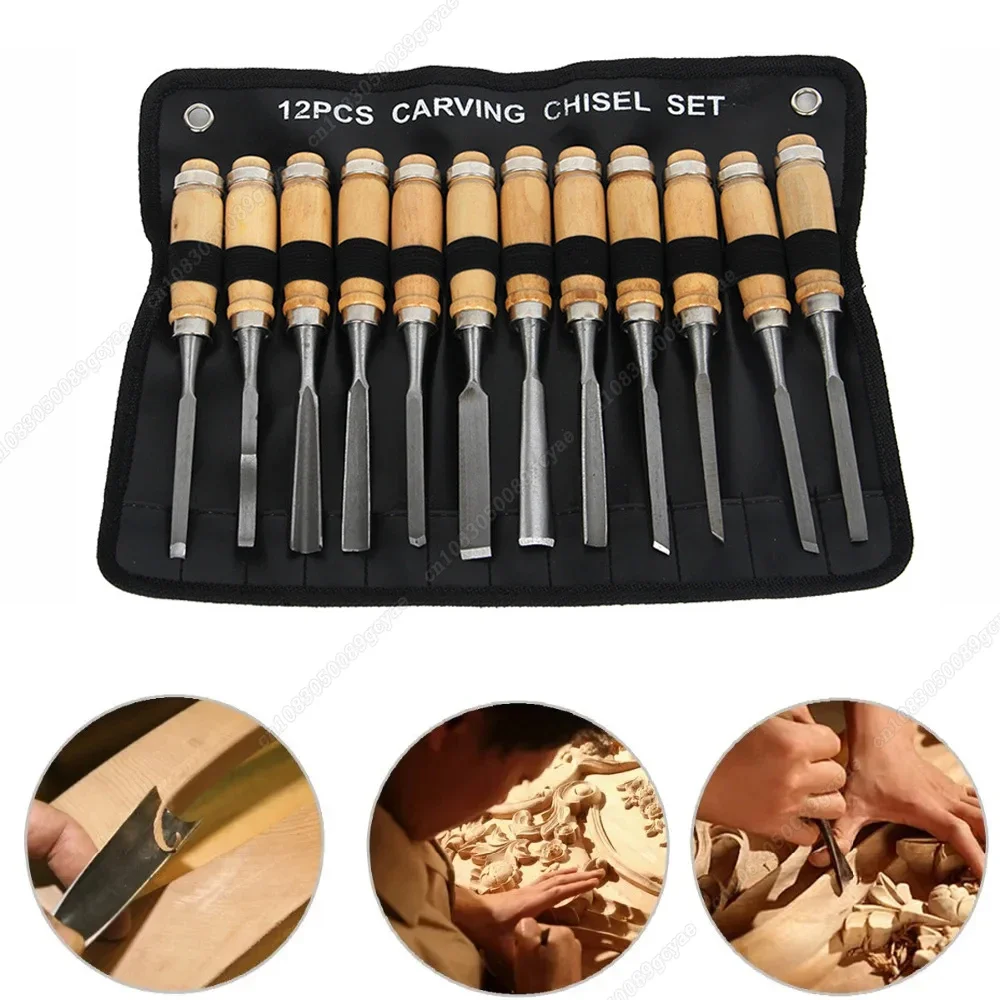 12Pcs Steel Wood Carving Hand Chisel Tool Set Woodworking Professional Lathe Gouges Construction An Carpentry Tools New