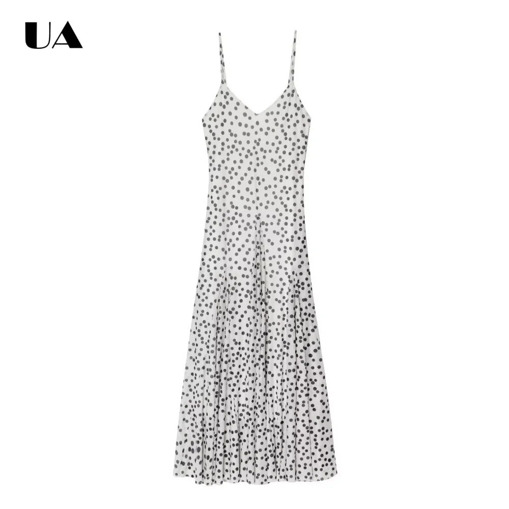 

Fashionable A-line Polka Dot Midi Dress with Spaghetti Strap, Trendy V-neck Long Dress for Woman, Vacation Style Zipped Dress