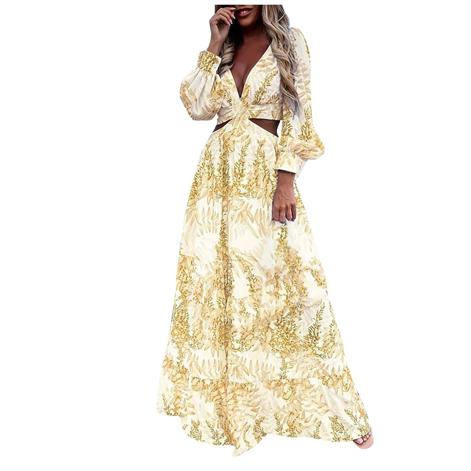 

Spring And Summer Bohemian Style Elegant Colorful Fashion Flower Printing Sexy Puff Long Sleeve V-Neck Hollow Out A-line Dress