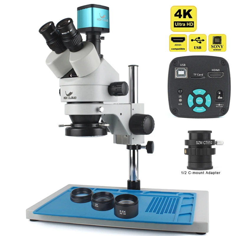 4K 2K 48MP HDMI USB VGA Microscope Camera 7X-45X Simul-Focal Stereo Trinocular Zoom Microscope Set With Auxiliary Objective Lens