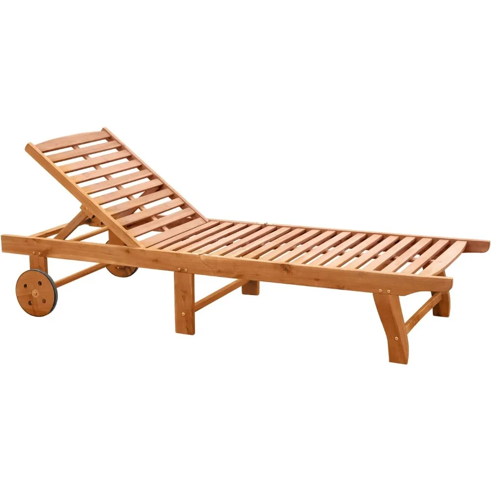 

Outdoor Folding Chaise Lounge Chair Recliner with Wheels, Acacia Wood Frame - Teak Color