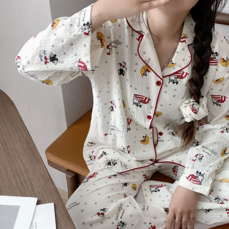 Disney Mickey autumn new three-piece polka dot cute cartoon comfortable breathable pajamas set with hair band loungewear