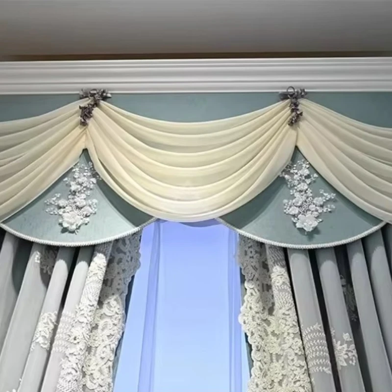 European-Style Embroidered Luxury Blue Curtains for Living Room Bedroom Screen Window Valance Chenille Curtains Customize